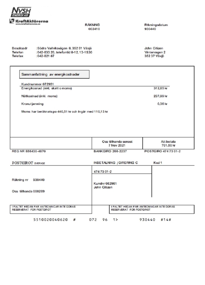 Sweden NVSH Energi utility bill template in Word and PDF format